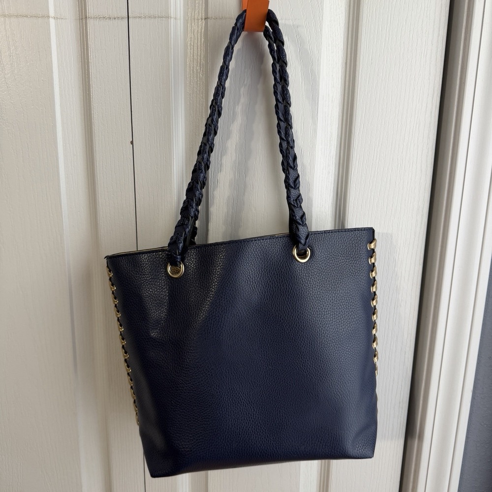 Imoshion Navy Blue Gold Reversible Double Handle Faux Leather Shoulder Bag - Picture 2 of 6